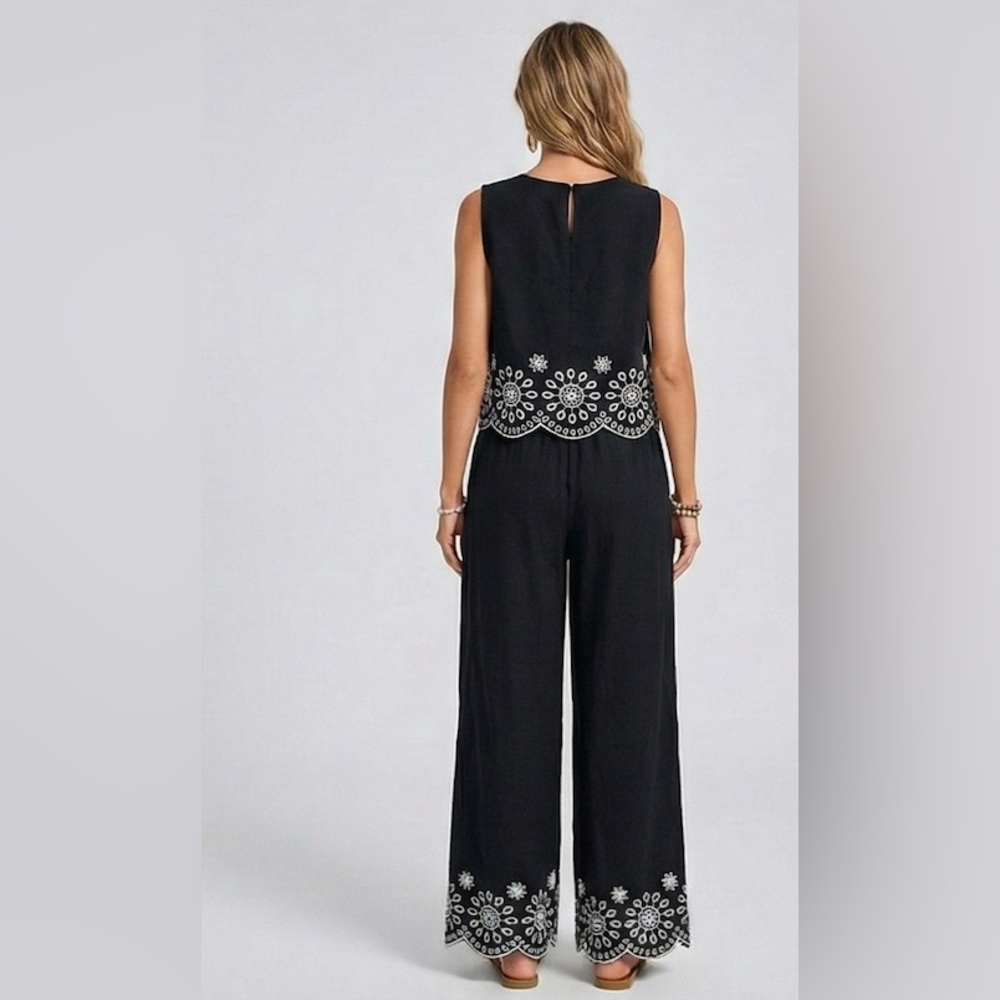 Boho Scalloped Hem Sleeveless Top & Wide Leg Pants Black - Picture 4 of 8